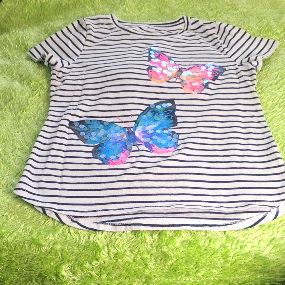 Wonder Nation Girls Butterfly Black Stripped Short Sleeve T-Shirt L